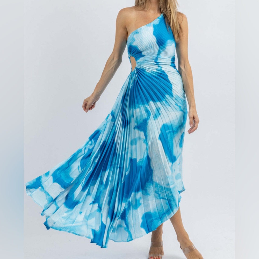 LUXXEL | Women’s Blue One-Shoulder Pleated Dress